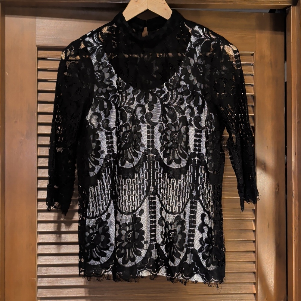 Black Lace Top With 3/4 Sleeves And Mock Neckline